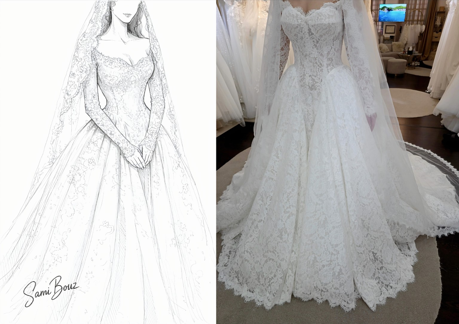 Brautkleid von Sami Bouz: Entwurf und fertige Umsetzung im direkten Vergleich
